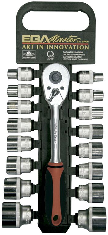 1 x JEU DE 16 PCS- DOUILLES ET CLÉ À CLIQUET DE 3/8"(12 PANS) EN PLA